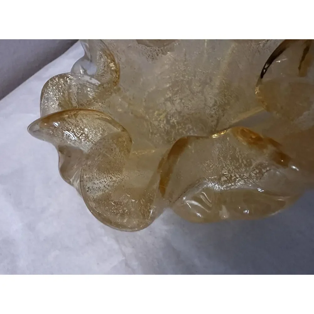 Vintage Murano Glass Aventurine Gold Flecks Ruffled Bowl Ashtray Candy Dish MCM